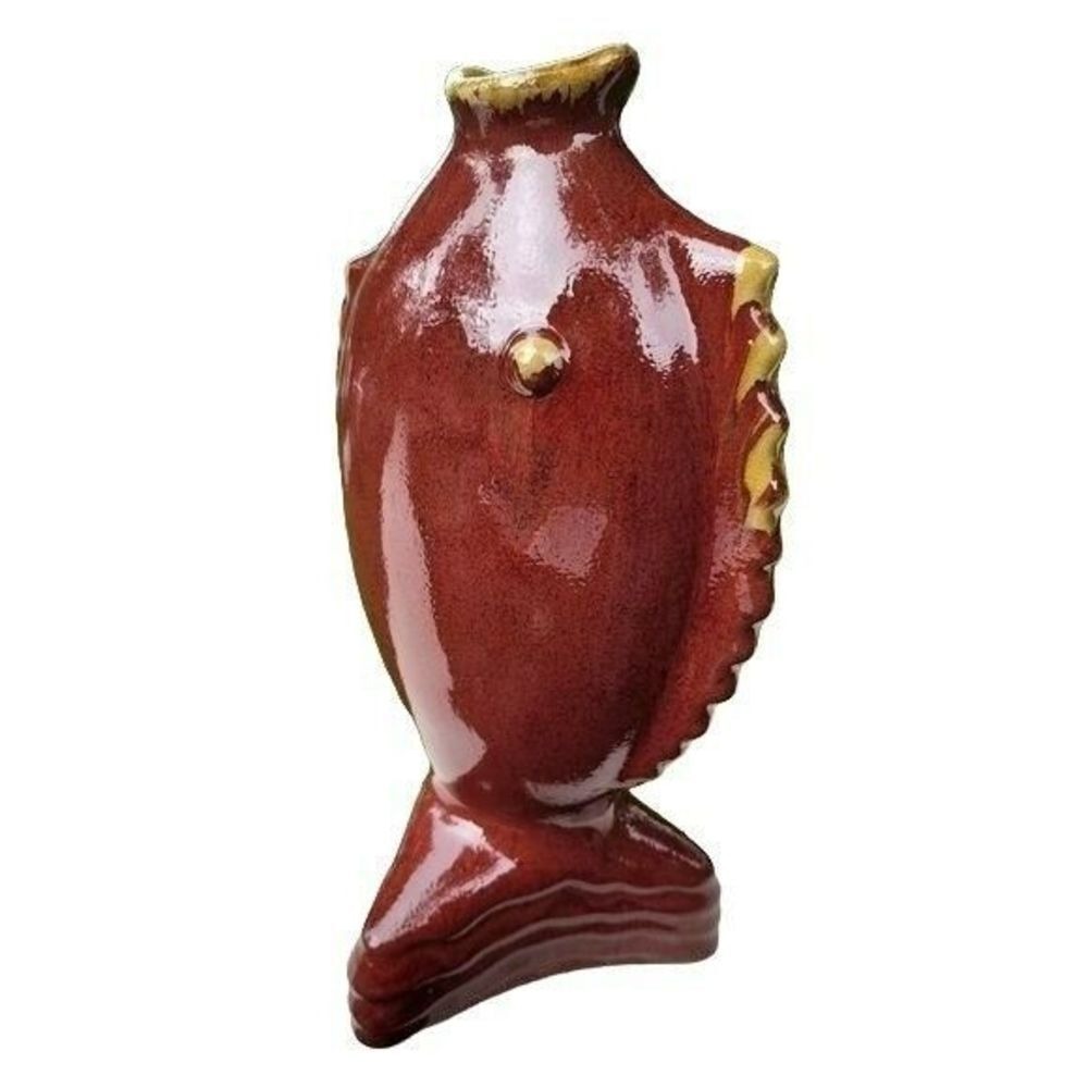 Vintage Pottery Nautical Fish Shaped Vase‎ Terracotta 13.5in Tall